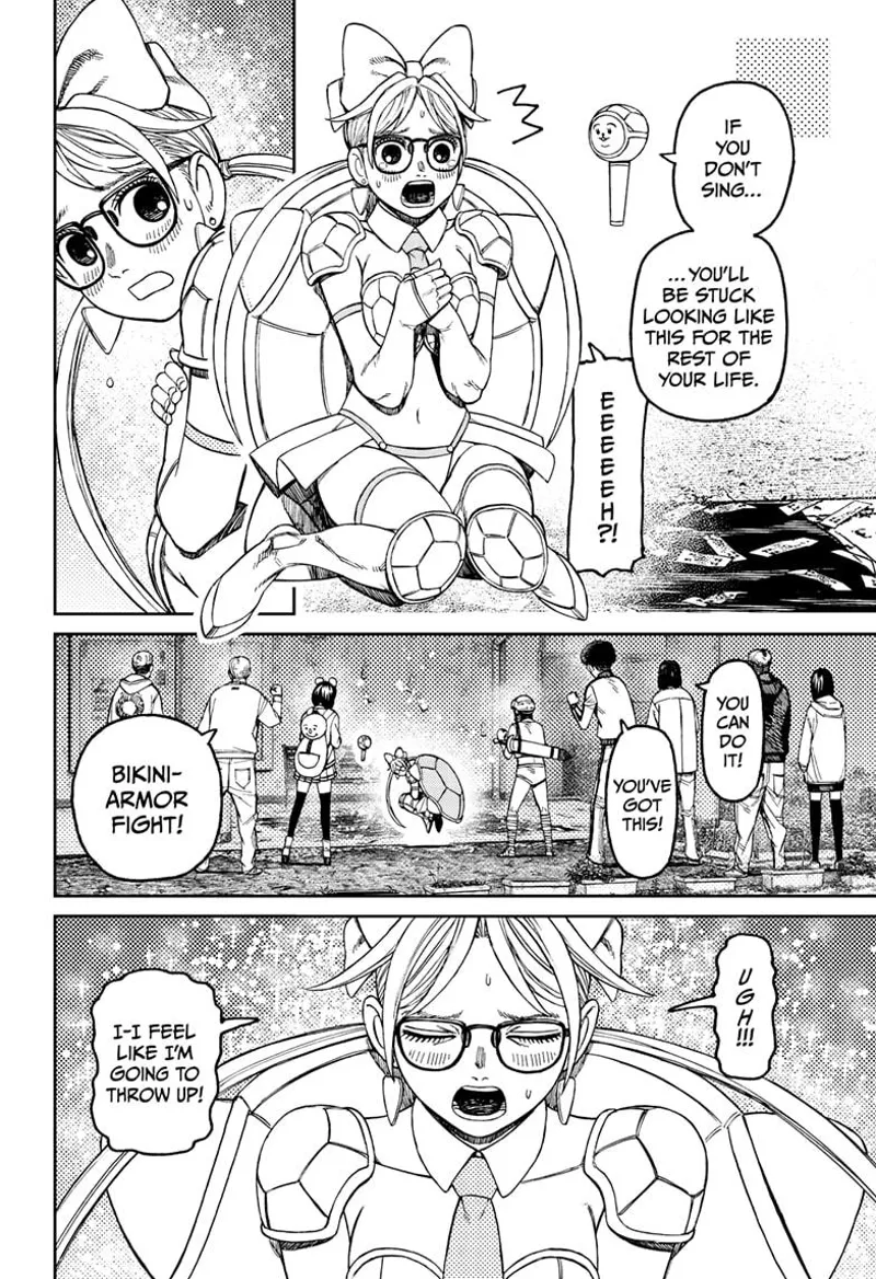 Rin kneels in embarrassment. The people start cheering her up. Rin closes her eyes.