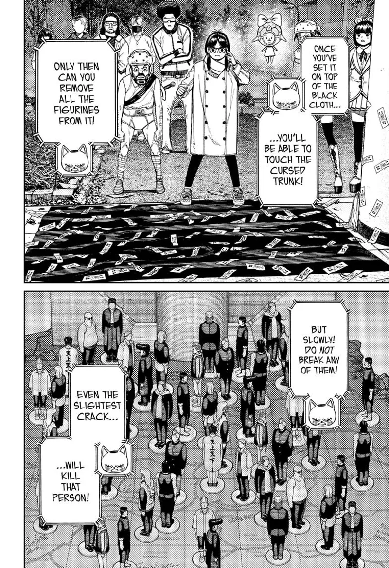 Rin and her team stand before the black cloth as Turbo Granny instructs them to remove the figurines.