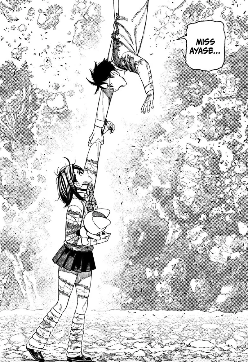 Momo and Okarun stare at each other while the world around them starts collapsing.