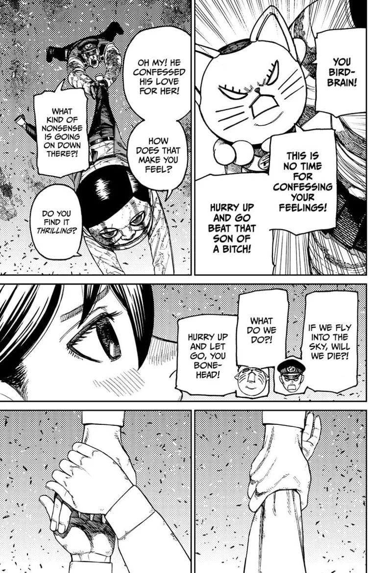 Turbo Granny madly tells Okarun to let go. Serpo and Officer Bega are holding onto Okarun. Momo lets go of Okarun's hand.