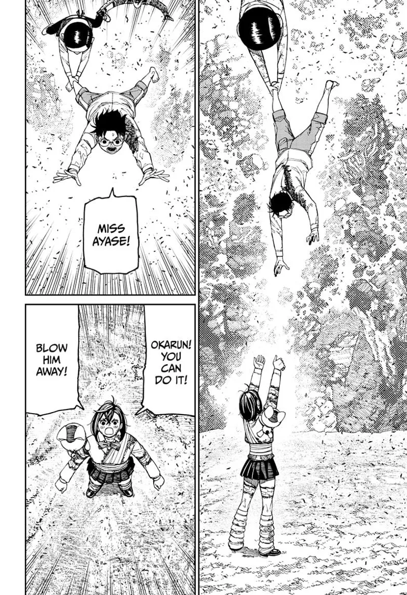 Okarun, Serpo, and Officer Bega float upwards. Momo is left standing and tells Okarunto to defeat the Fairy-Tale Card.