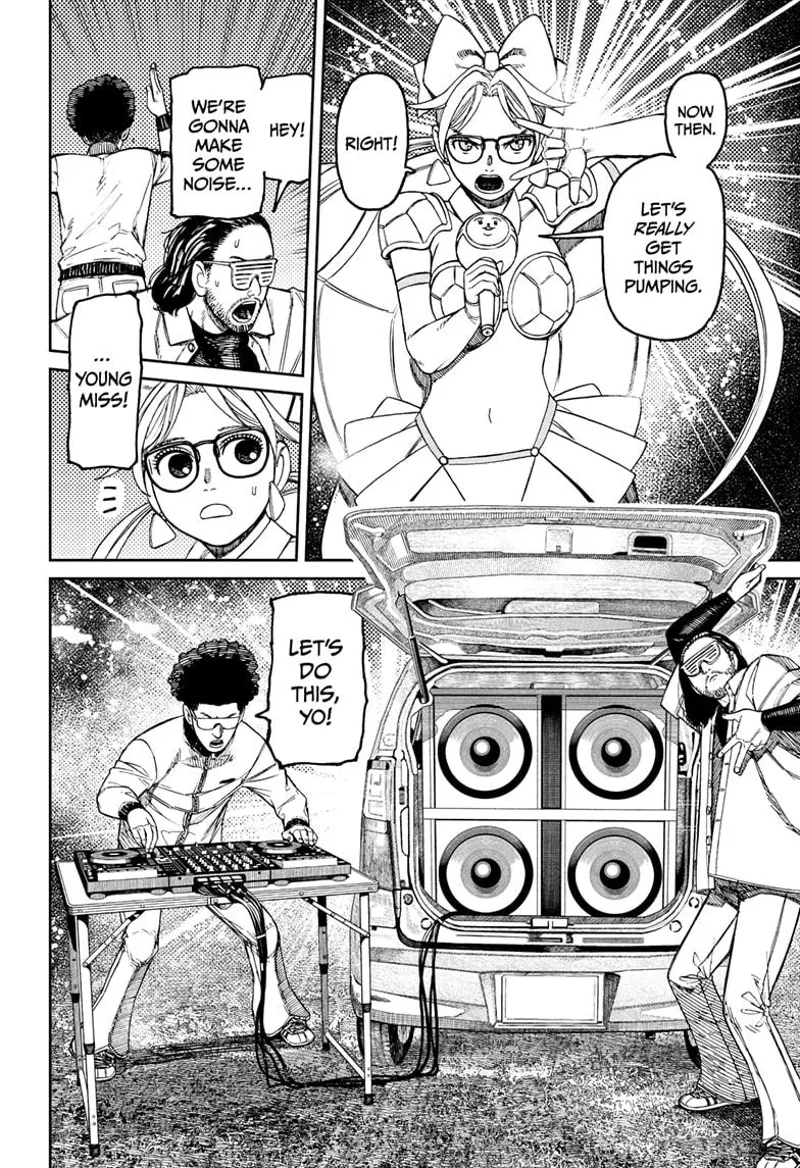 Rin prepares another song. Two guys in fancy hairstyles run and prepare a DJ Mixer and huge speakers.