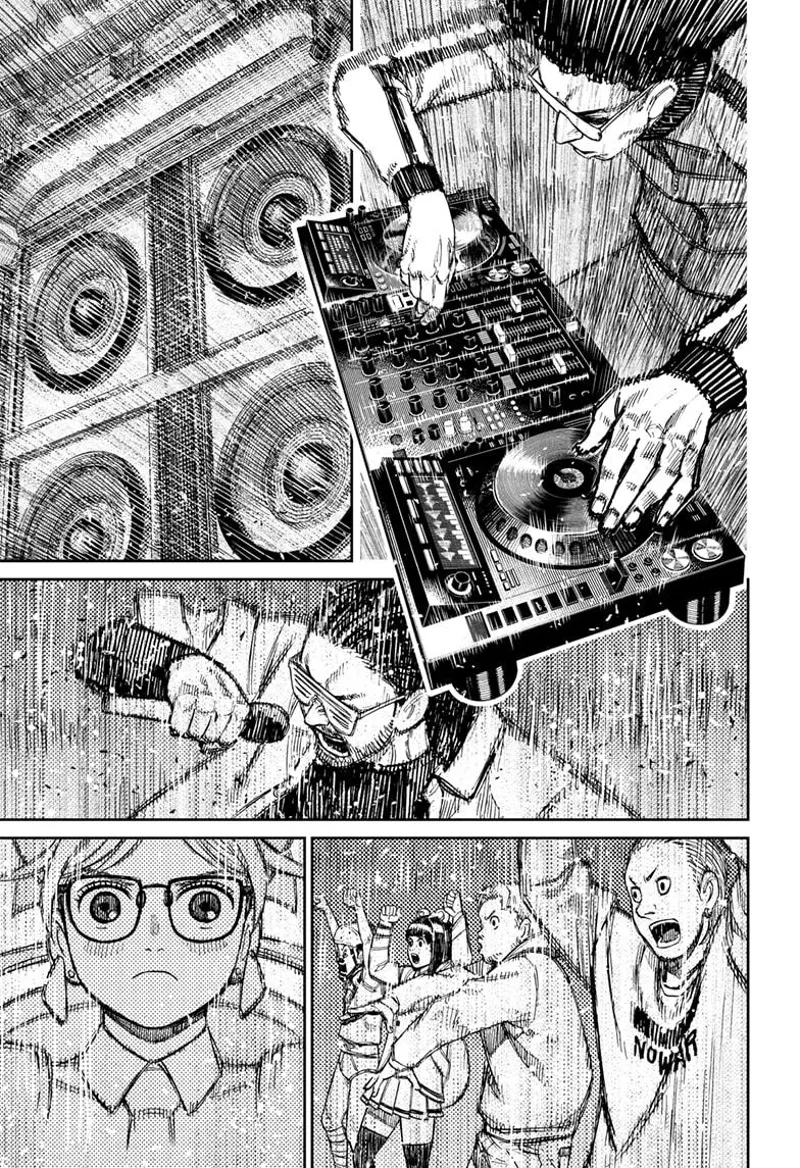The DJ revs up the mixer, and the guy sings. The people jam as the speakers rock. Rin watches them.