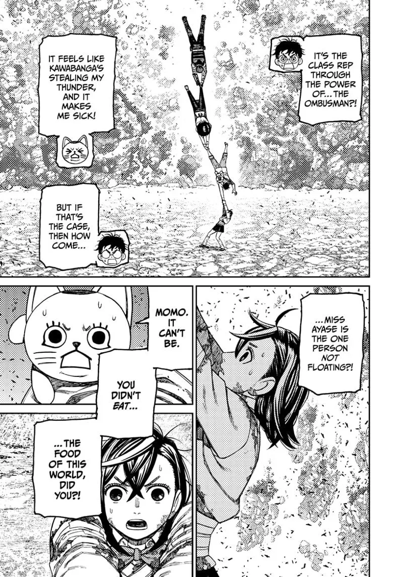 Momo keeps holding on to the floating Okarun and Turbo Granny. Momo is on the ground and shocked.