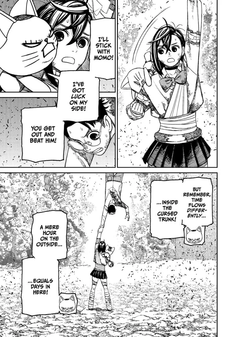 Turbo Granny jumps to Momo. She tells Okarun to defeat the Fairy-Tale Card and reminds him of the time.