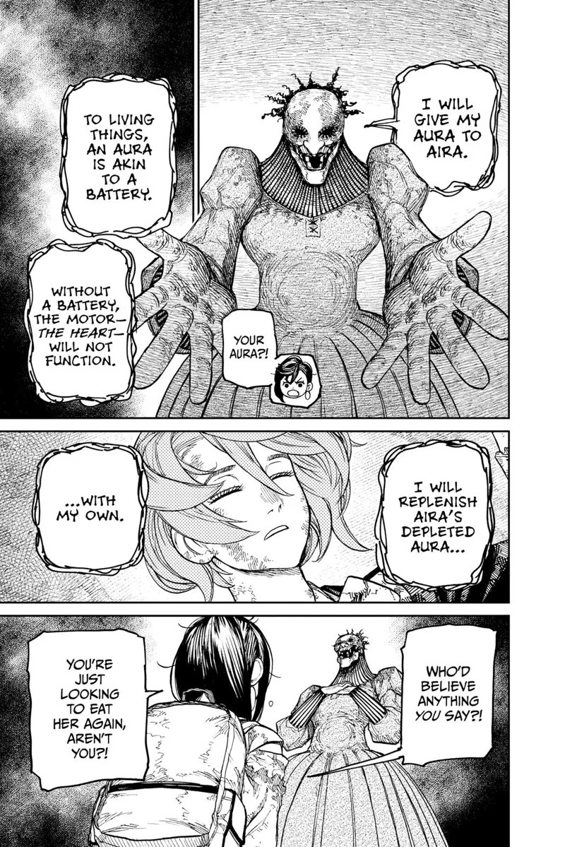 Acro-Silky says she will revive Aira by replacing her depleted aura to start her heart. Momo doesn't believe her.