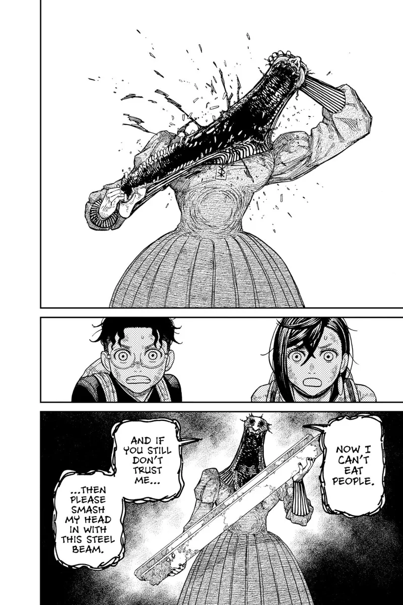 Acro-Silky rips off her jaw and tells them to smash her head if they don't believe her. Momo and Okarun are shocked.