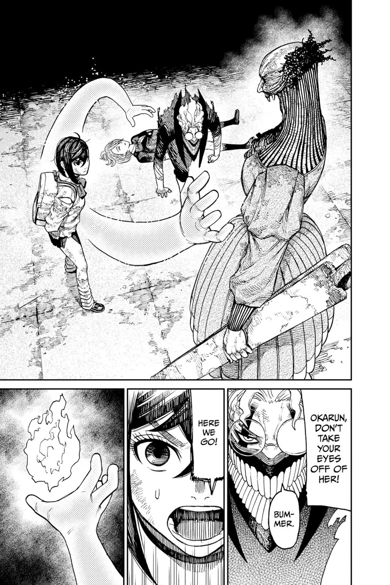Momo extends one telekinetic hand to Acro-Silky and another one to Aira. Cursed Okarun prepares to fight.