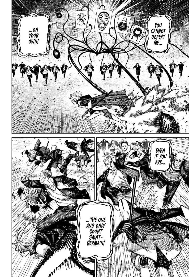 Count Saint-Germain runs and dodges Fairy-Tale Card's attacks. He dashes head-on against the possessed thugs.