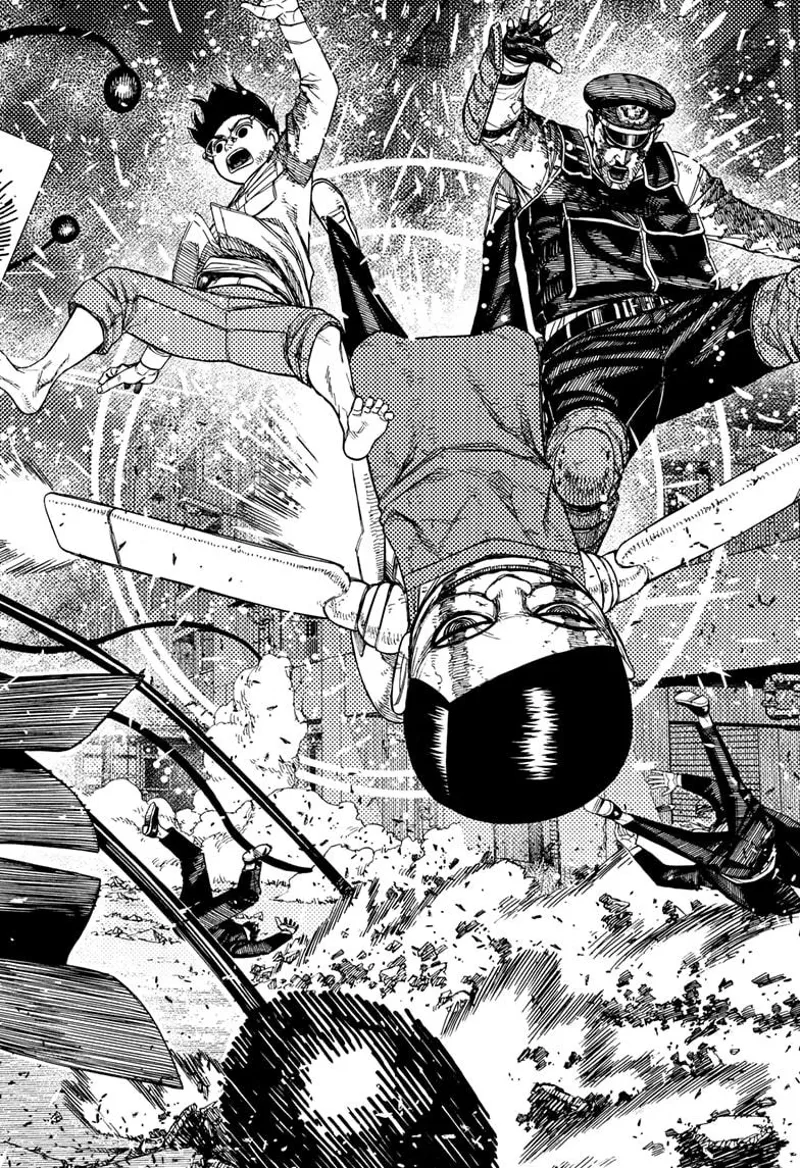 Officer Bega, Serpo, and Okarun pop out of the cursed trunk.