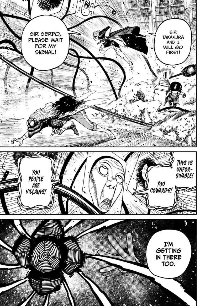 Okarun, Saint-Germain, and Serpo spread out. Fairy-Tale Card is mad at them for ganging up on him.