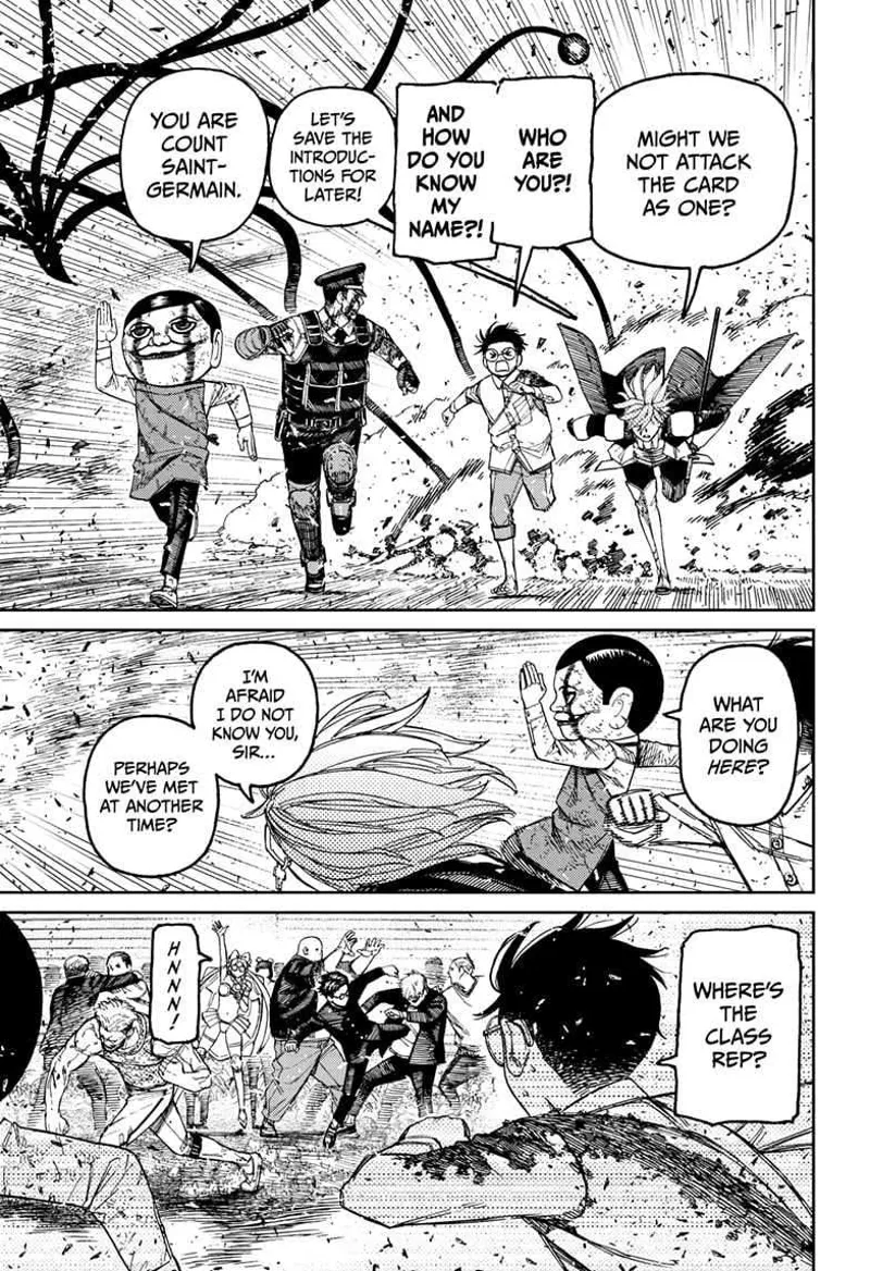 Okarun asks about the man's name. Serpo recognizes Count Saint-Germain. Okarun sees Rin amidst the fighting thugs.