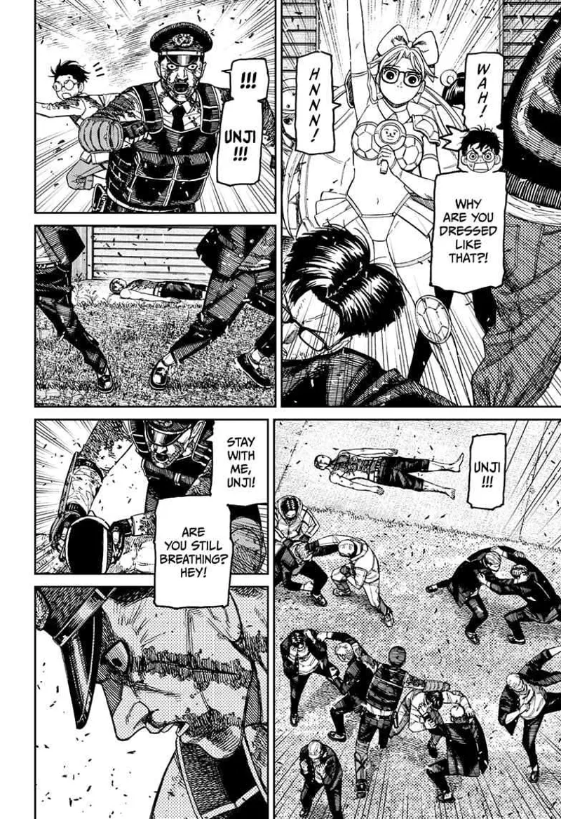 Rin keeps waving. Officer Bega runs through the thugs and goes to Unji Zuma, who is lying down.
