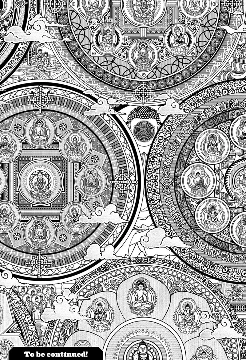 An intricate design featuring circles that are tangent to each other, and inside them are Buddha images.