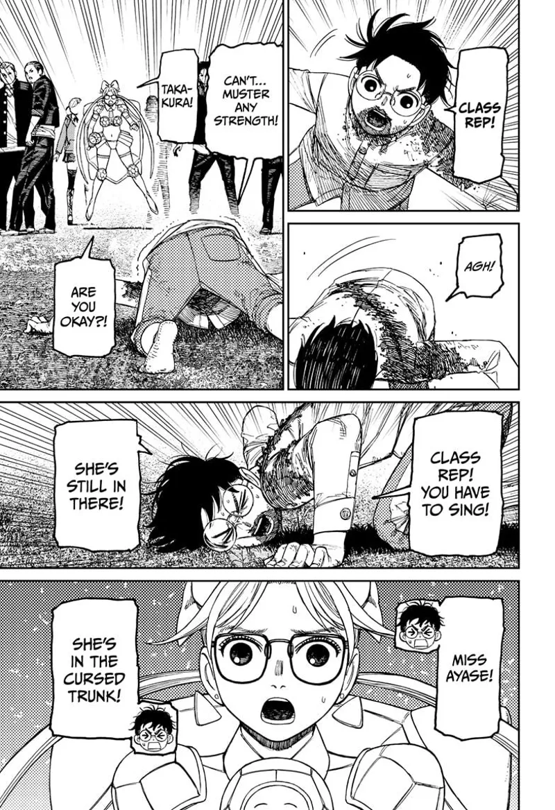 Okarun calls the class rep, but he can't stand. Okarun tells the class rep to keep singing because Momo is still inside the trunk.