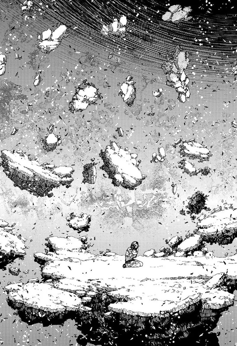 Momo sits in one of the floating land as it moves upward, slowly drifting into the abyss.