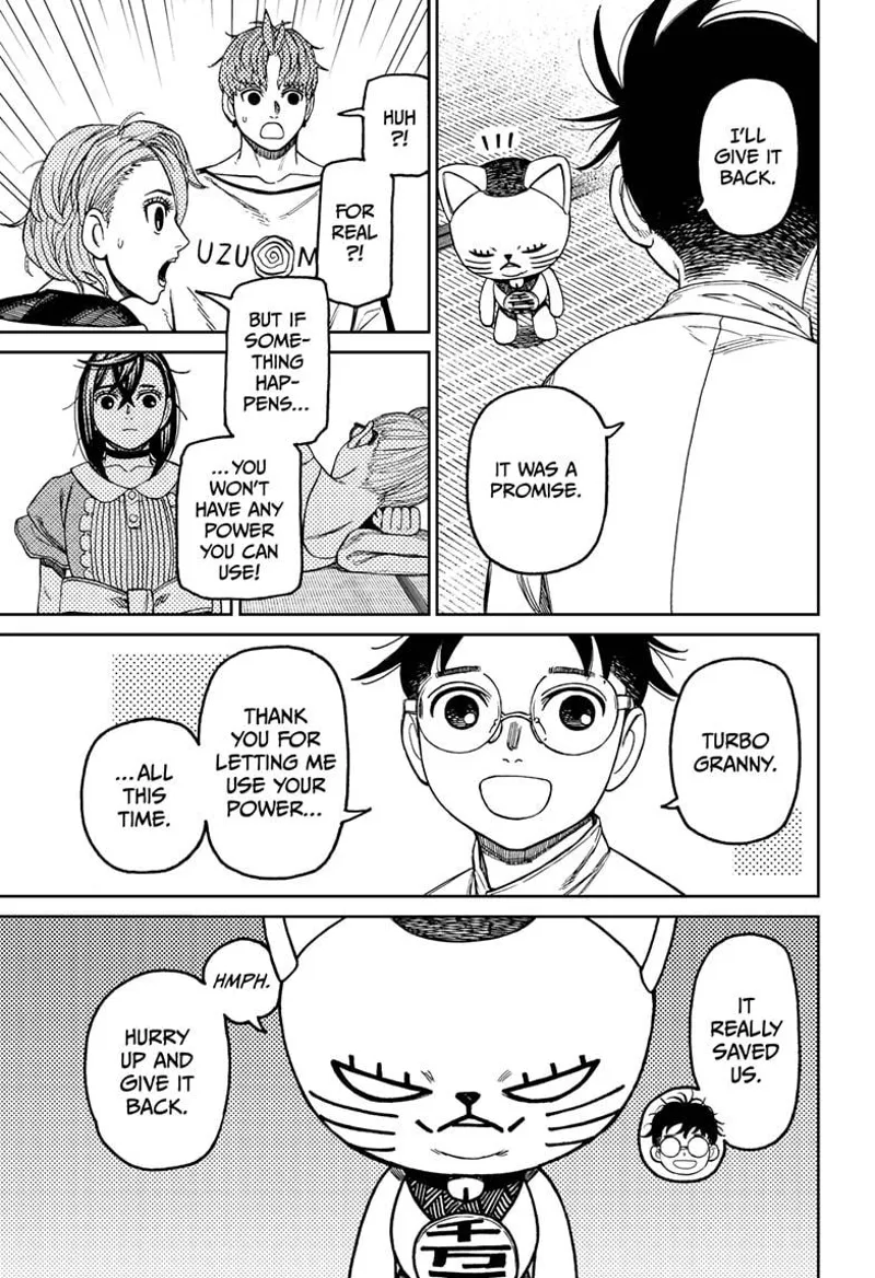 Okarun says thanks and tells Turbo granny he will give back her spiritual powers. Everyone is shocked!