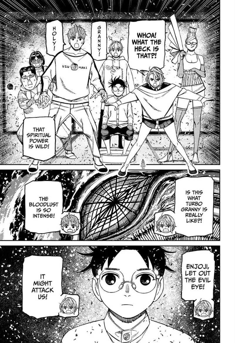 Aira, Jiji, Vamola,  Kinta, and Rin are shocked after seeing Turbo Granny's spiritual powers. Okarun just watches.