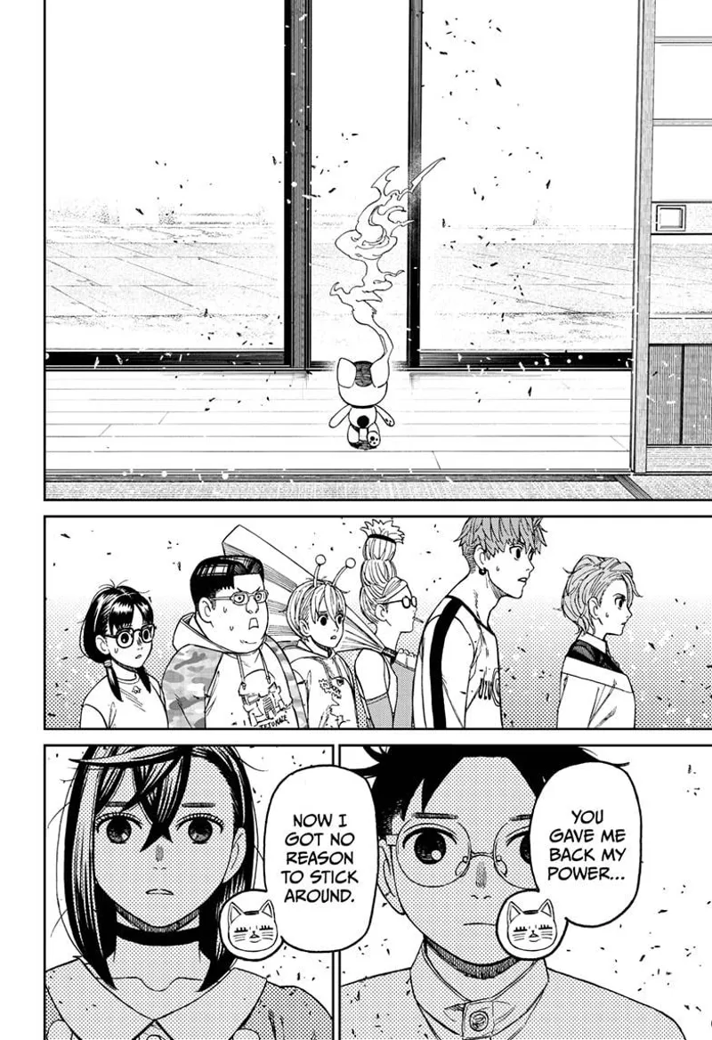 Turbo Granny starts exiting through the door after getting back his power. Aira, Jiji, Vamola,  Kinta, and Rin are surprised.