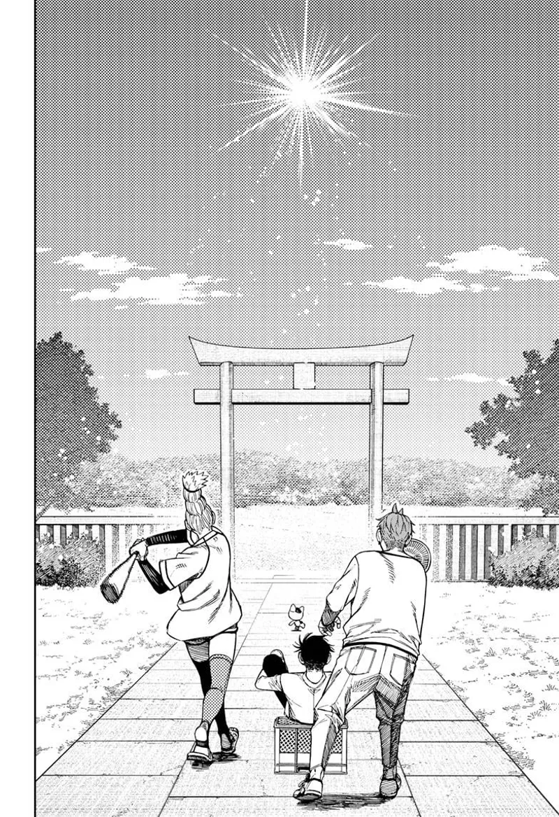 Jiji, Okarun, Grandma, and Turbo Granny watch as Okarun's nutball flies into the sky, leaving a bright light.