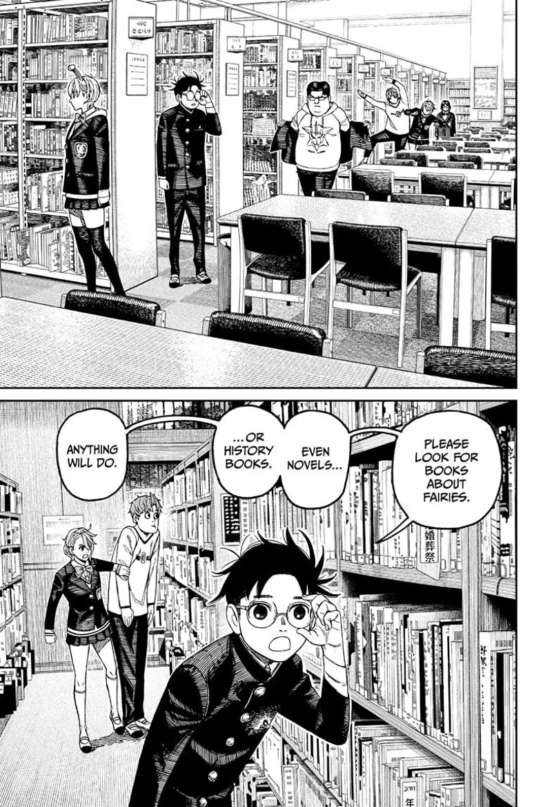 Okarun, tiny Momo, Vamola, Jiji, Kinta, Aira, and Rin are looking for books about fairies in the library.