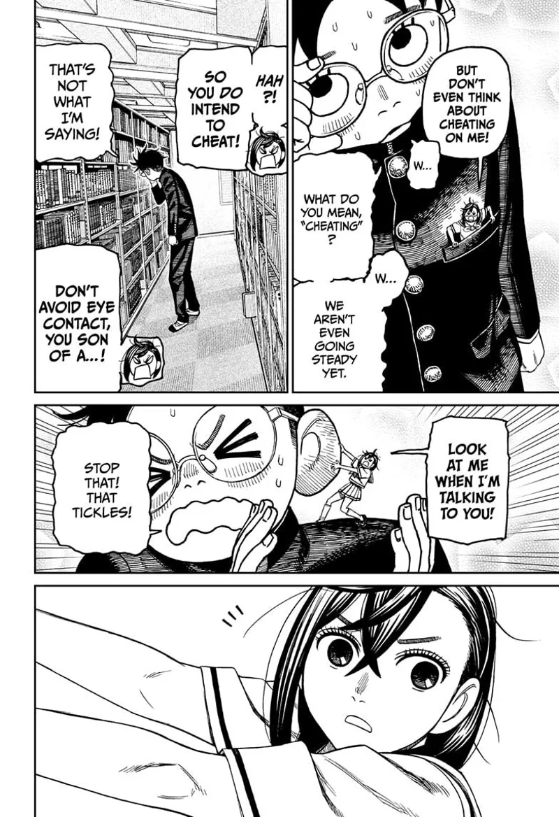 Okarun is sweating nervously as tiny Momo asks her questions. Tiny Momo suddenly hears something.