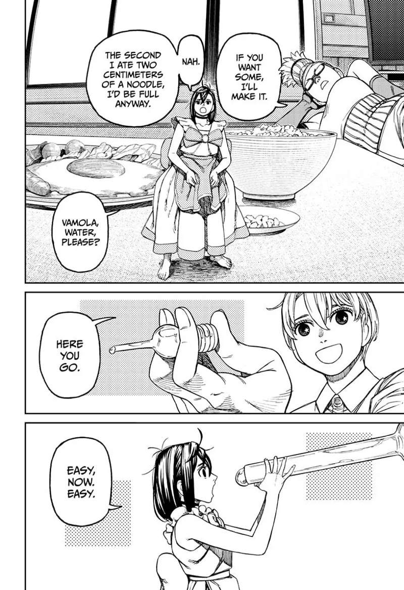 Tiny Momo stands with food on the plates behind her. She asks for water and Vamola gives her a drop.