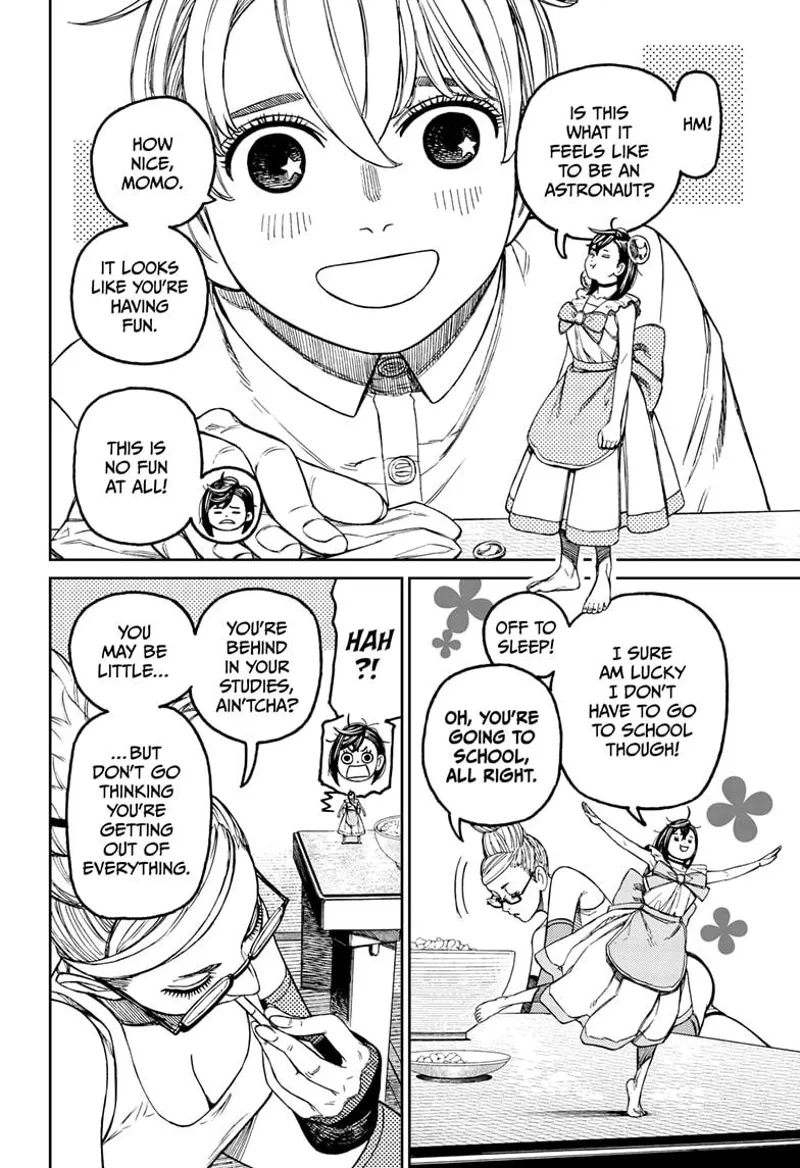 Vamola is pleased after seeing Tiny Momo happy. Although Tiny Momo doesn't want to go to school, Grandma wants her to.