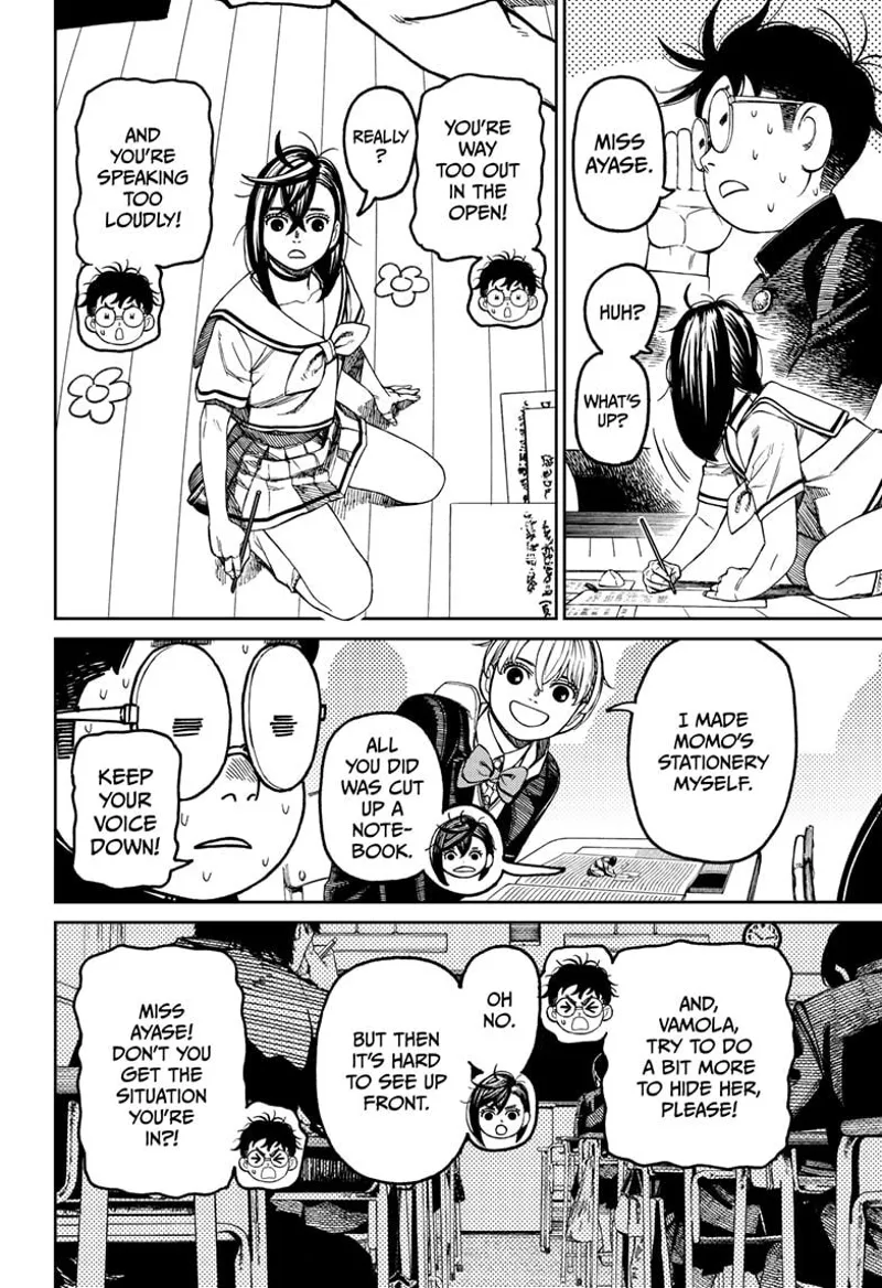 Okarun tells tiny Momo she's being too conspicuous. They talk with Vamola but are becoming too loud.
