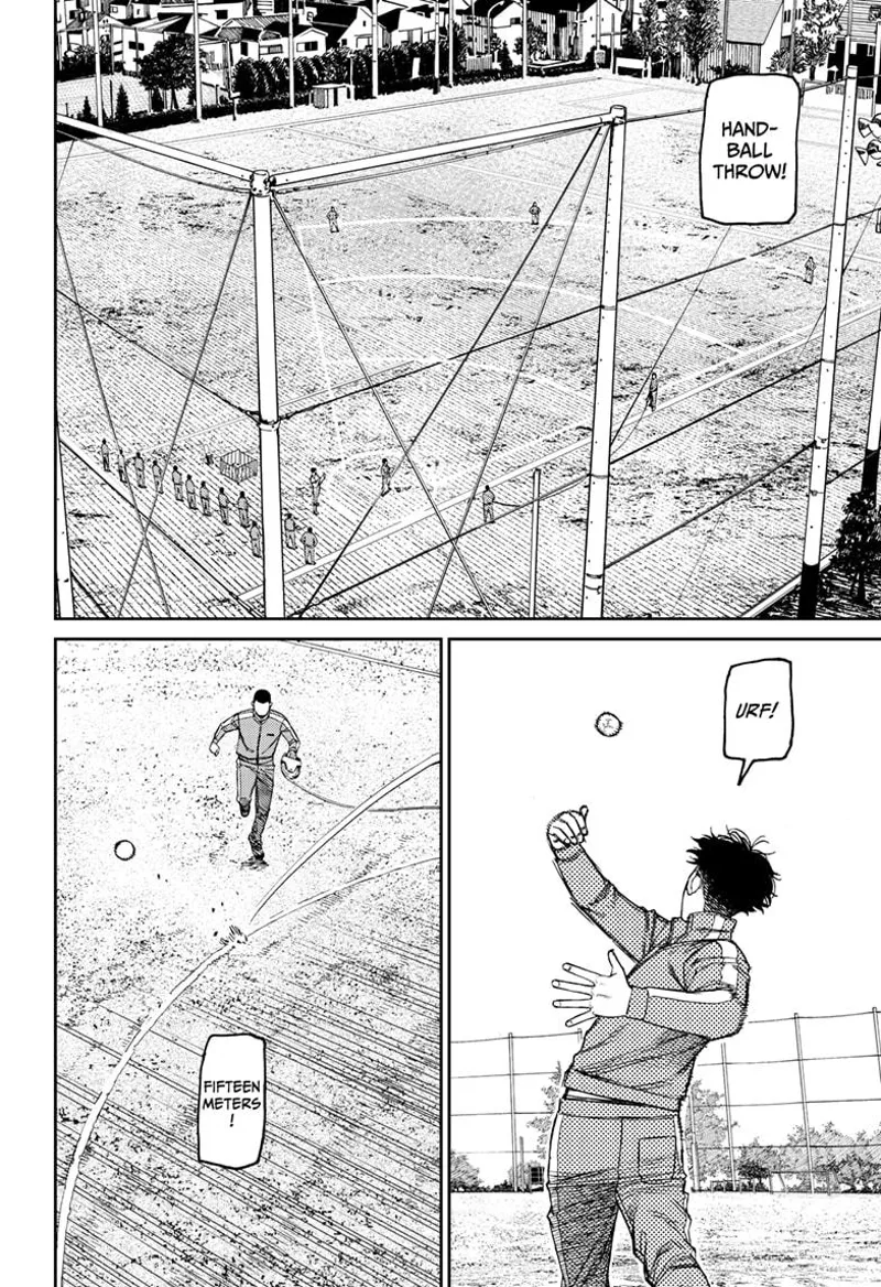 Okarun's class now starts throwing a handball in a field and measuring the ball's reach.