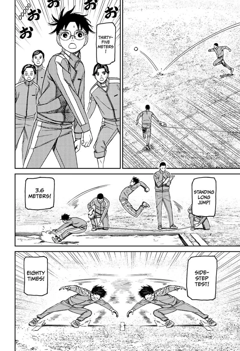 Okarun is shocked as the ball lands 35 meters. Okarun performs other physical exercises extremely well.