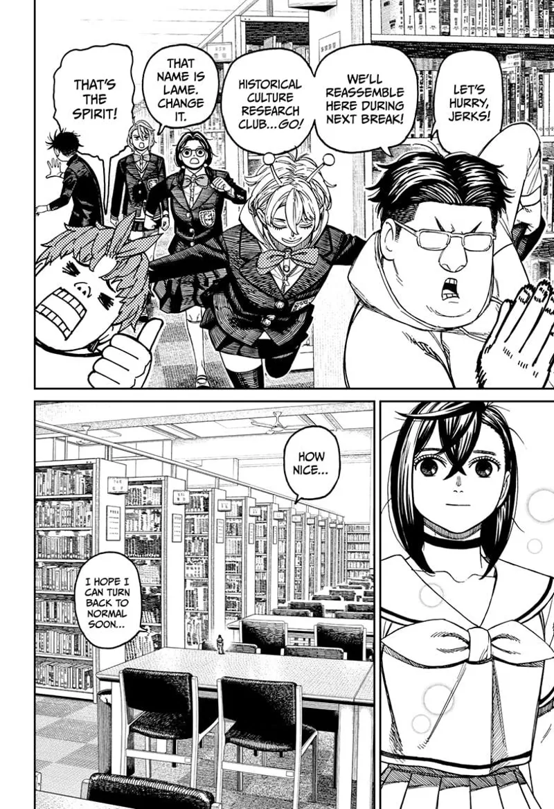 Kinta, Vamola, Rin, Aira, Jiji, & Okarun run to go to their classes. Tiny Momo is alone, hoping to get back to normal size.