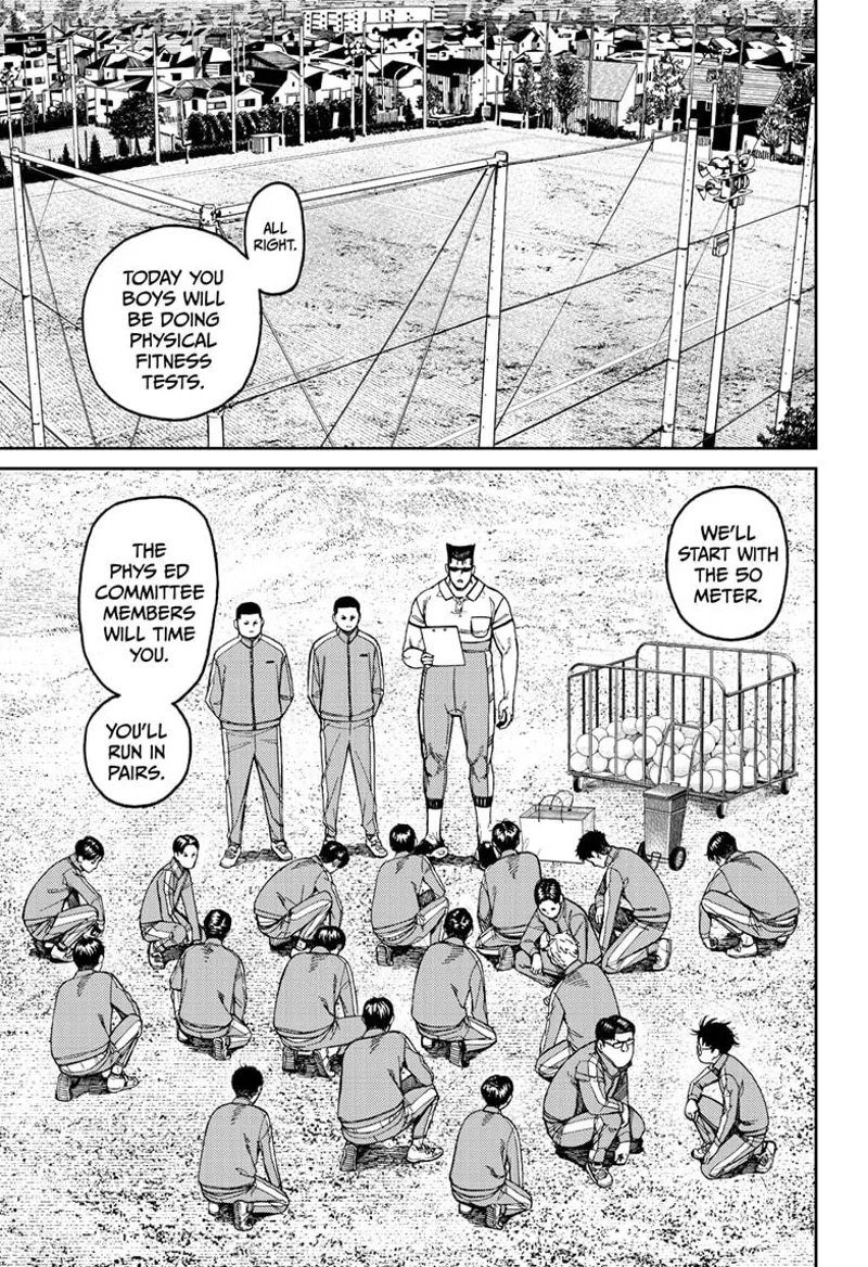 In a field, the athletics teacher tells his students they will run in pairs for their physical fitness test.