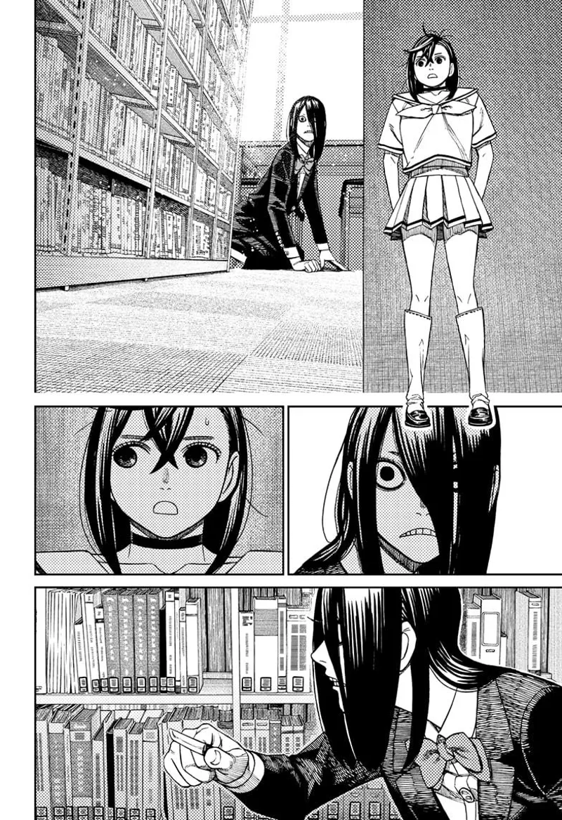 Tiny Momo hides behind the shelf as the lady student looks for something inside the library.