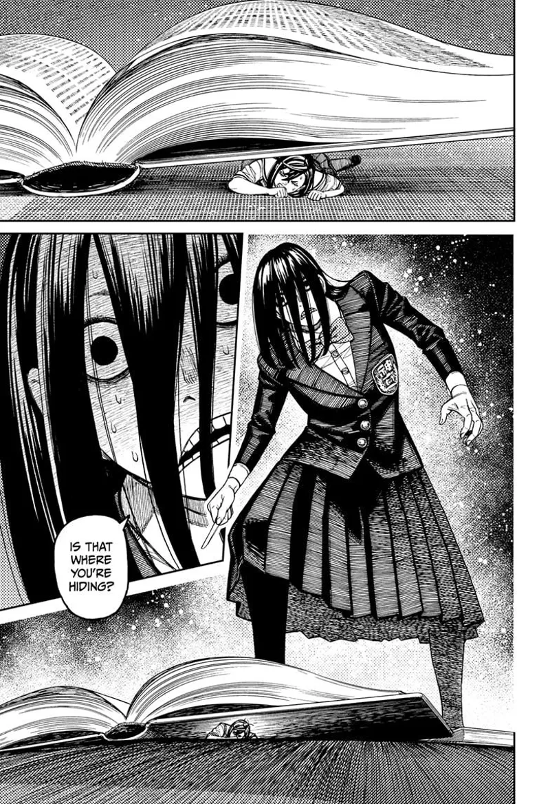 Tiny Momo is buried and stuck under a book. The student lady approaches the squiggling book.