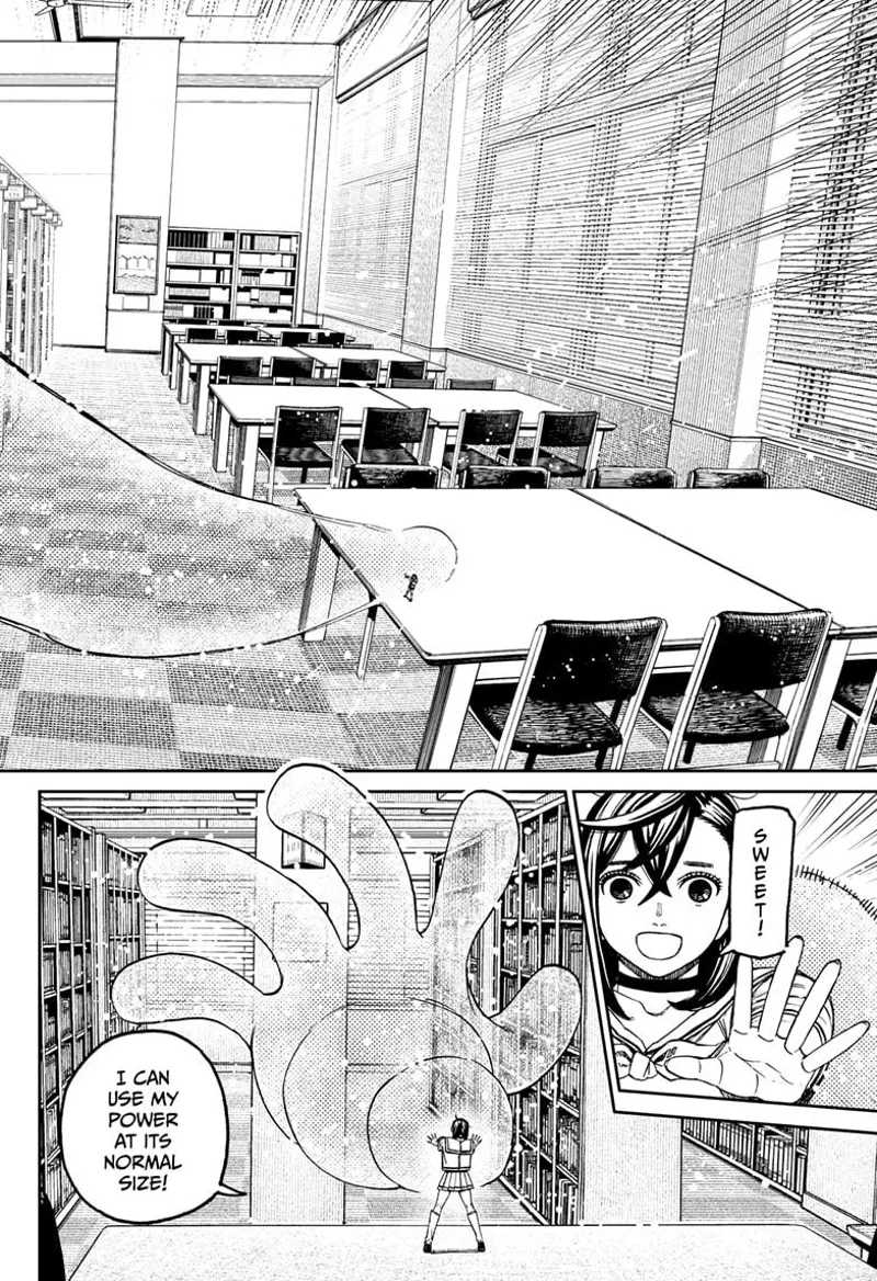 Tiny Momo stands on the table and creates a huge transparent arm. Her powers are normal.