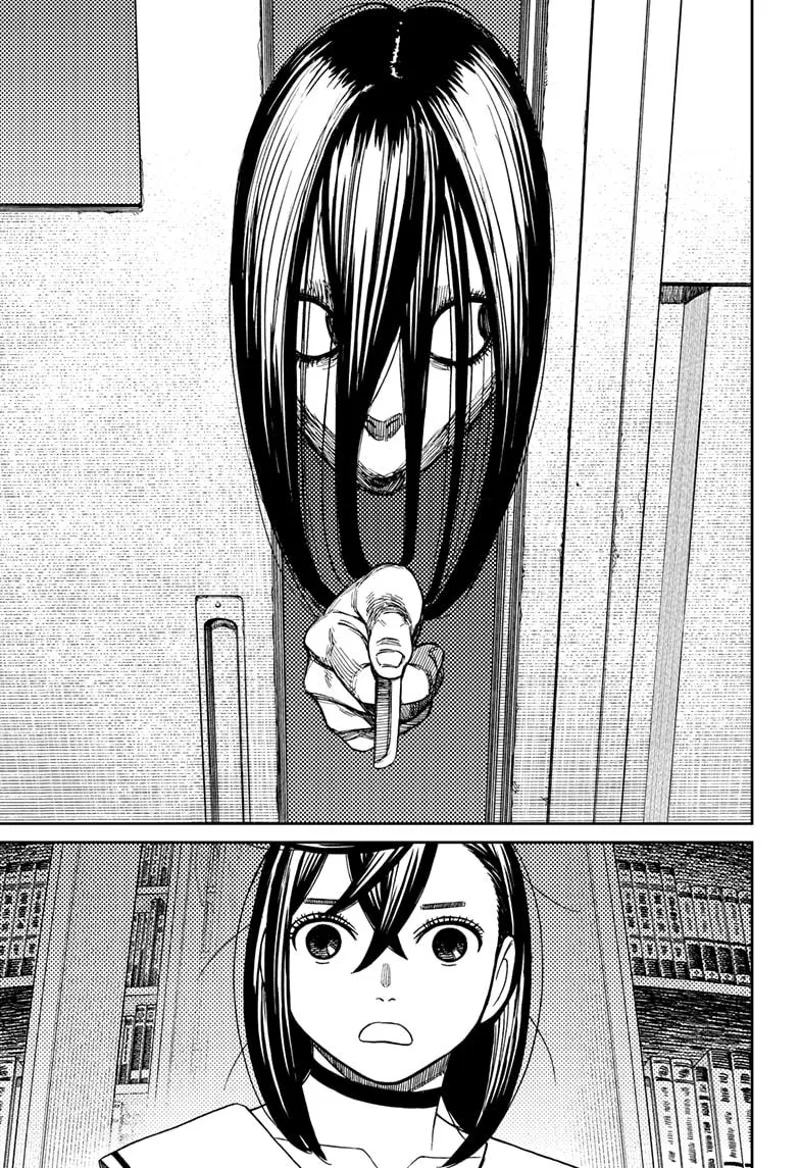 Tiny Momo sees a head with long hair peeping inside the door.