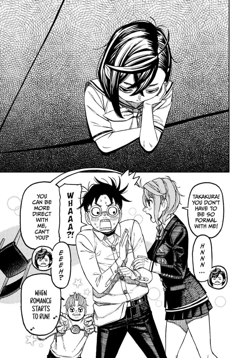 Tiny Momo looks gloomy while listening to Aira's drama on Okarun. Aira holds Okarun's arms and tells him to be more direct.