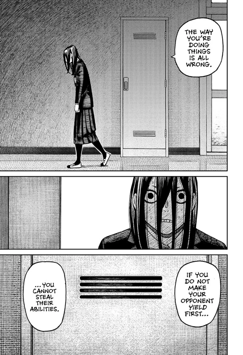 The weird student walks past a door. Behind it, he hears someone telling her how to steal the opponent's abilities.