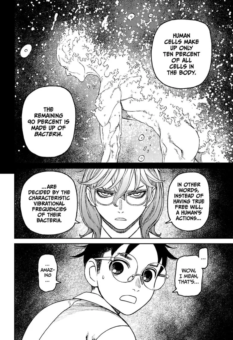 Mr. Sanjome tells Okarun that a human's body comprises 10% cells and 90% bacteria. Okarun is impressed.