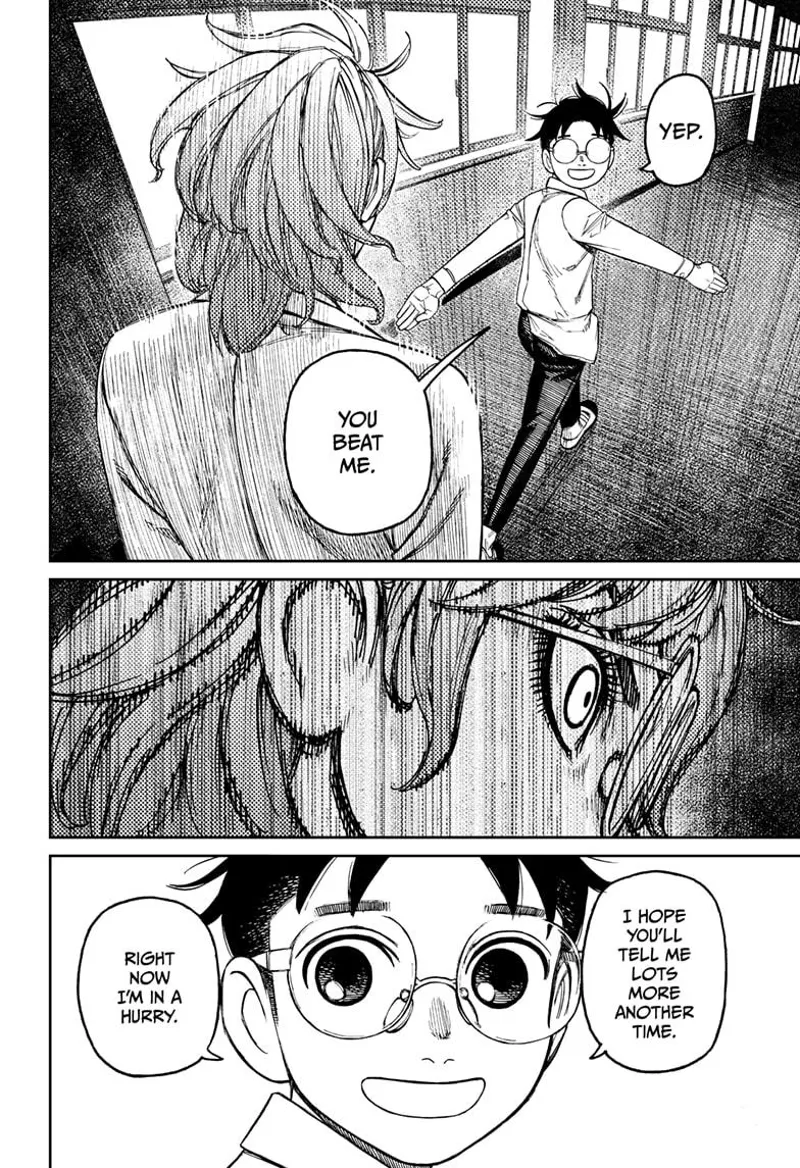 Okarun playsfully smiles while accepting his defeat and promises to tell him more knowledge one day. Mr. Sanjome is shocked!