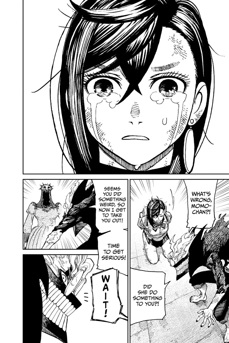 Momo cries upon seeing Acro-Silky's past involving Aira. Cursed Okarun tries to attack Acro-Silky, but Momo stops her.