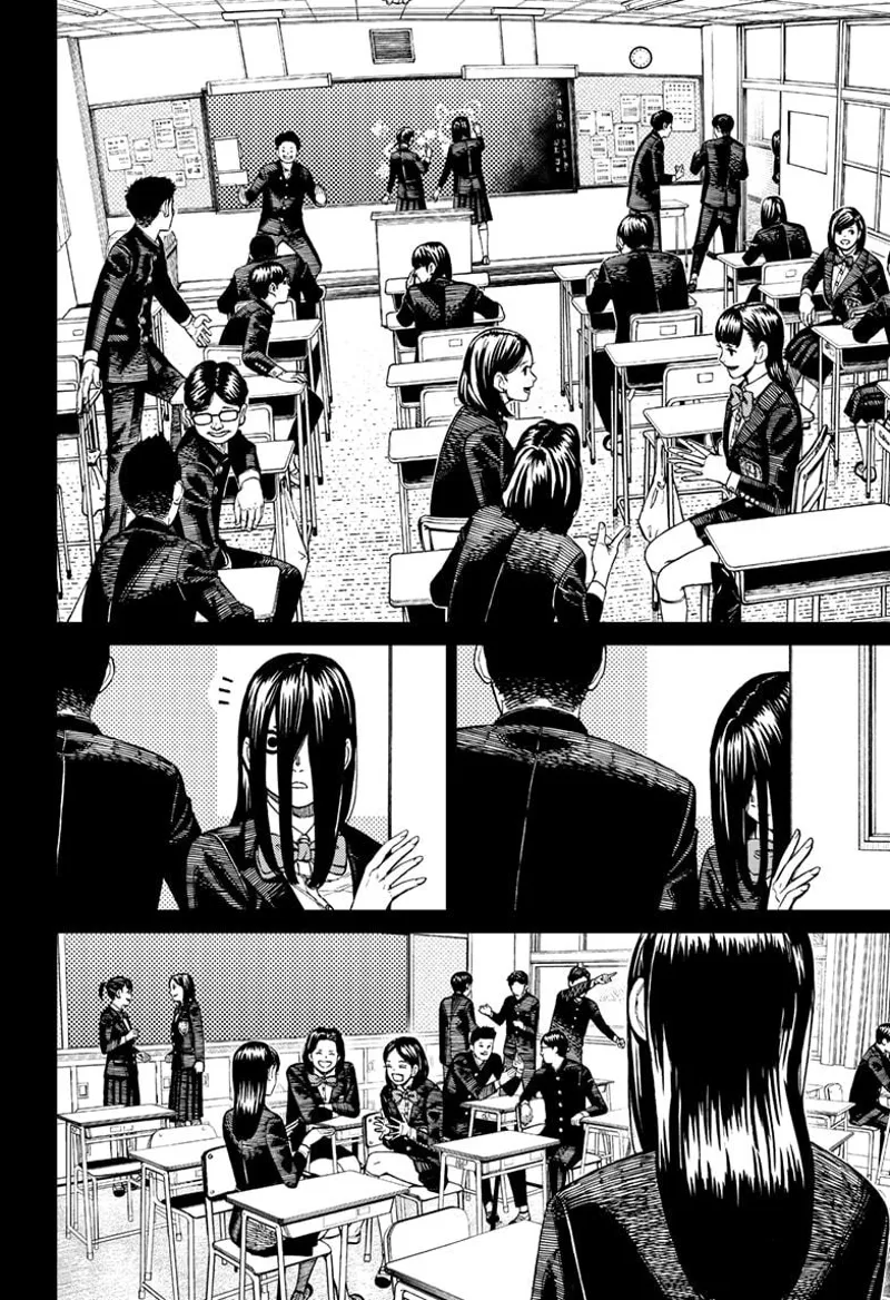 The suspicious woman enters her classroom and sees her classmates laughing, talking, and interacting.