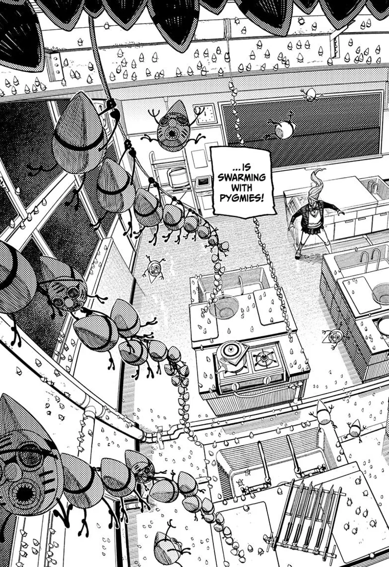 Tiny Momo reveals to Aira and Okarun that the room is swarmed with pygmies.