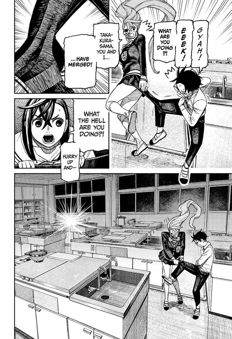 Aira is shocked when her skirt suddenly merges with Okarun's pants. Tiny Momo warns them, and a light suddenly appears.