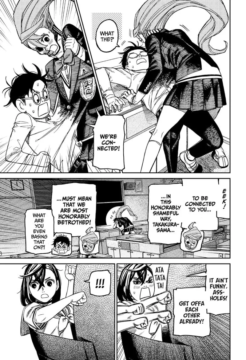 Okarun is shocked after getting merged with Yokai Aira's body. Aira is excited and surprised. Tiny Momo prepares.