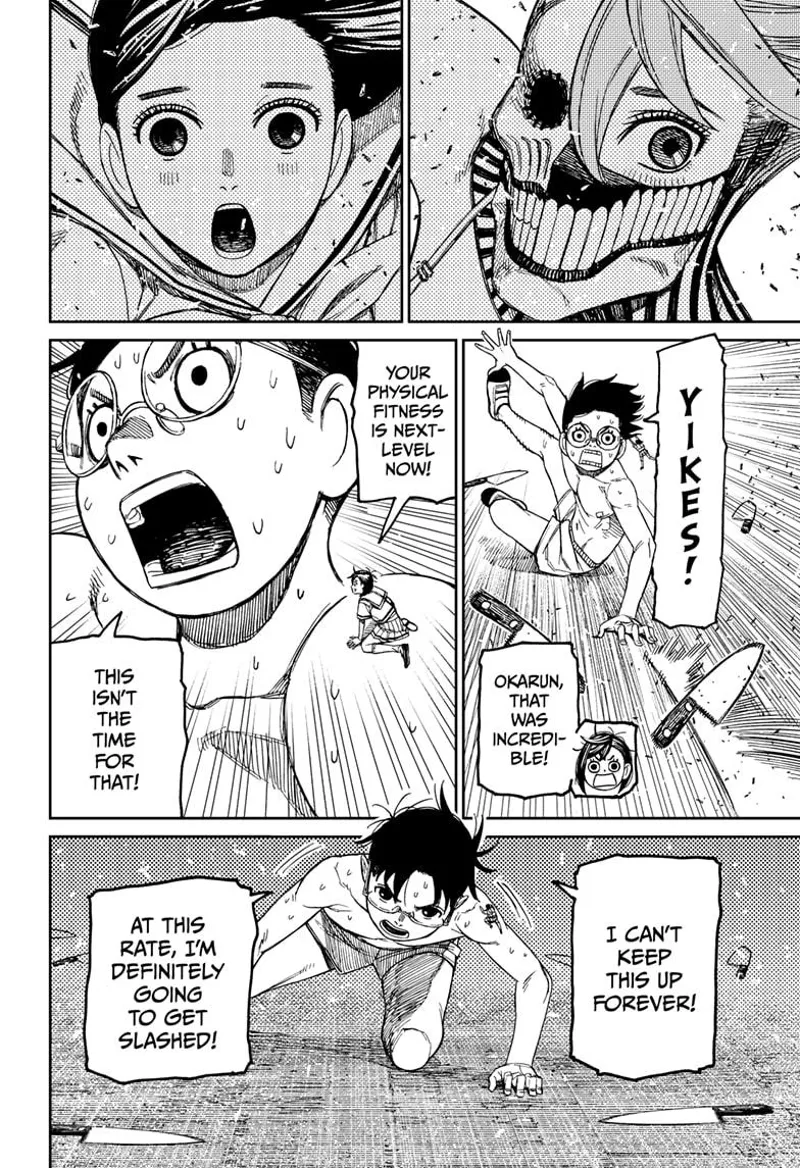 Yokai Aira and Tiny Momo are impressed by Okarun's physical fitness. Okarun crouches on the floor, looking serious.