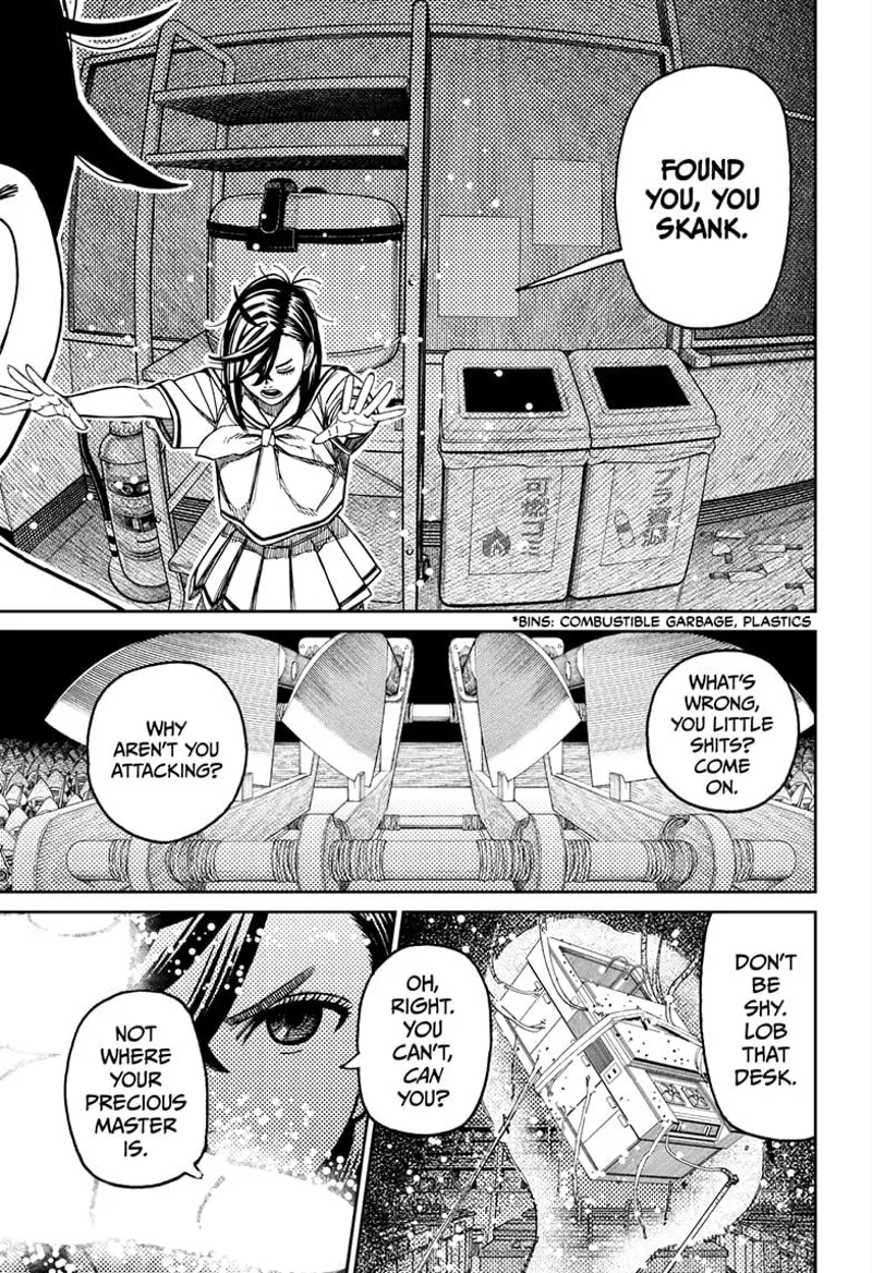 Tiny Momo grabs the burning stove with her powers and realizes she has found the woman controlling the pygmies. 
