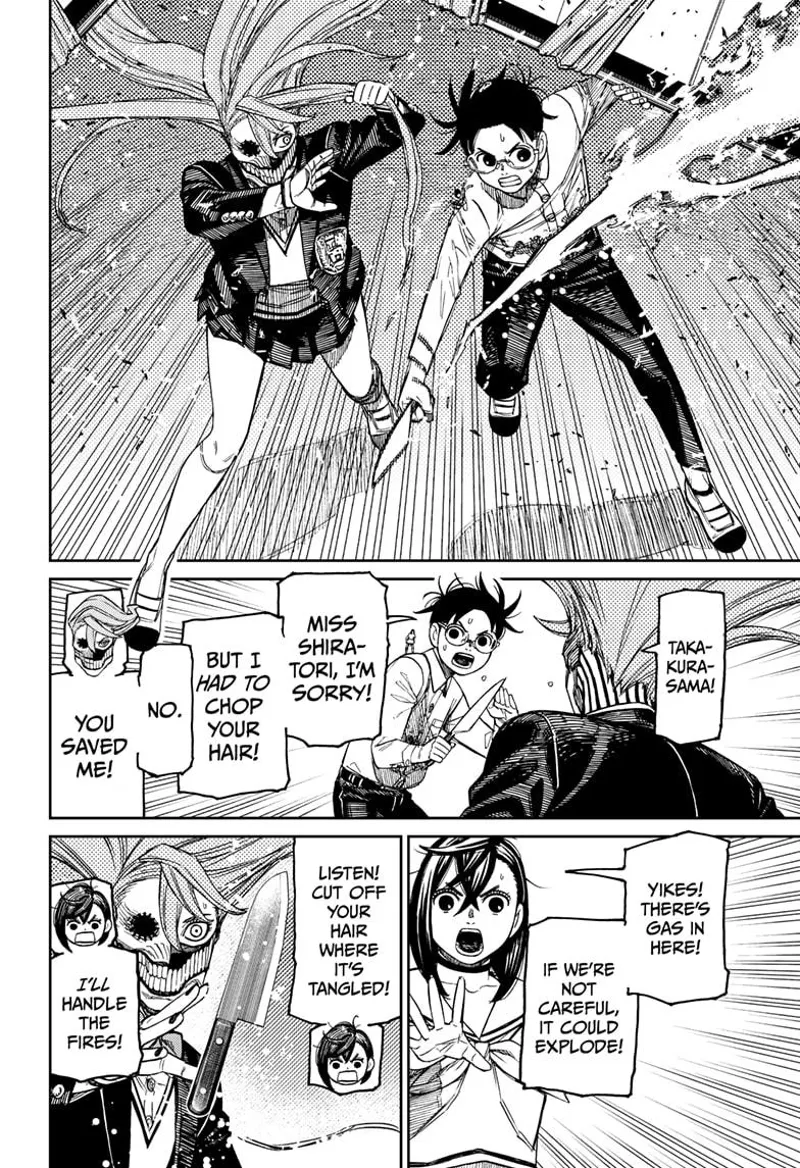 Okarun cuts Yokai Aira's long hair with a knife. Aira thanks him. Tiny Momo tells Aira to cut her tangled hair.