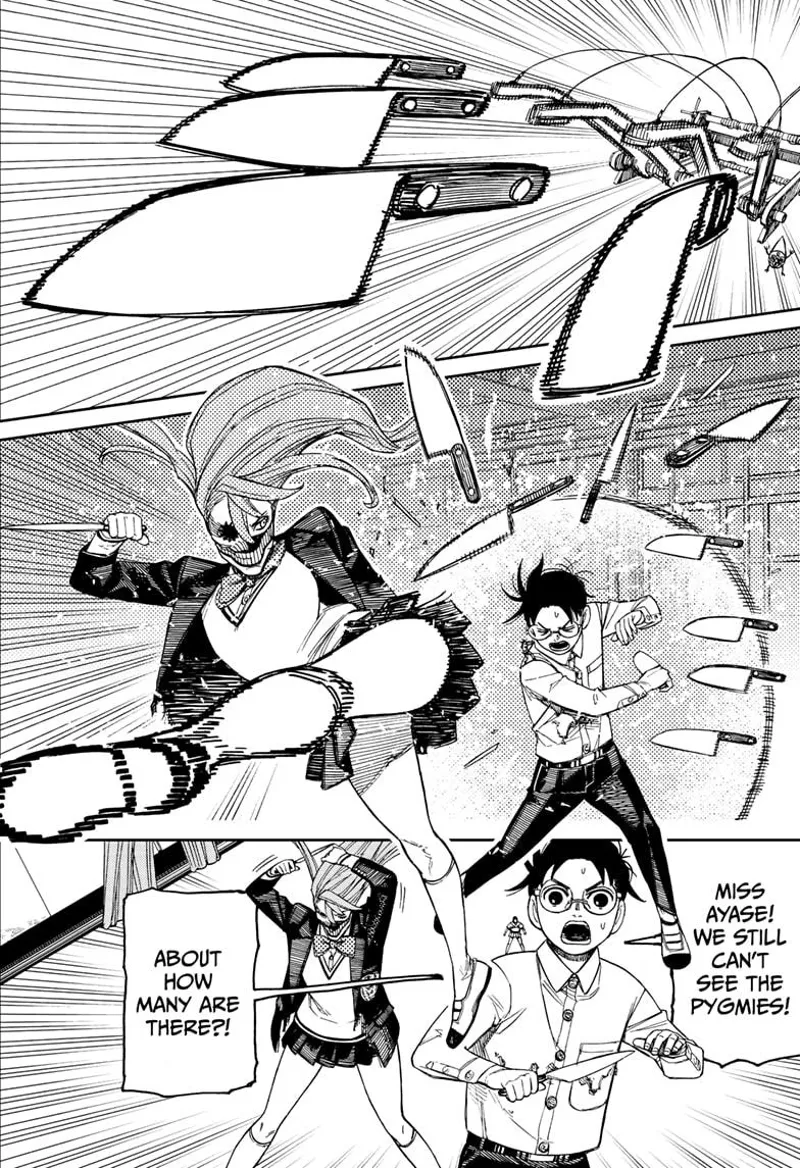 Knives fly towards Okarun, but Yokai Aira kicks and deflects them. Okarun exclaims that they still can't see the pygmies.